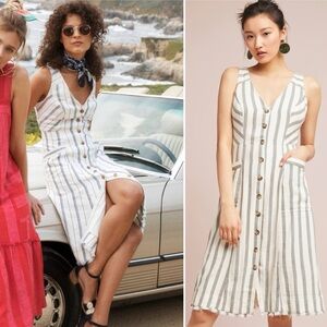 Anthropologie Maeve White and Gray Striped Midi Casual Spring Button Dress